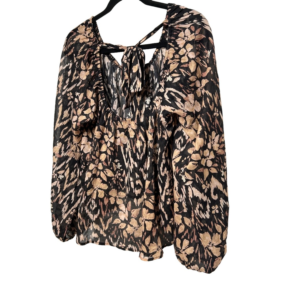 By Together Floral Print Black Beige Long Sleeve Tie Neck Top Women's Sz Medium